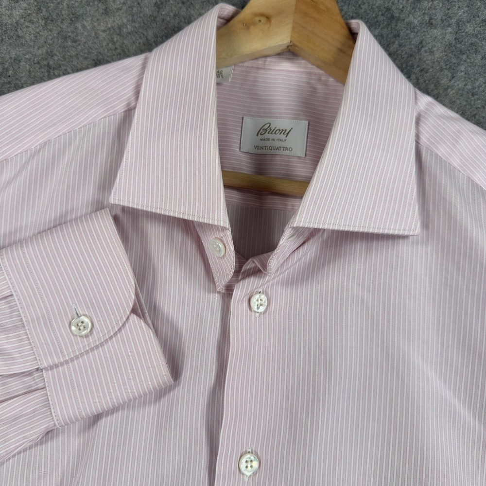 Brioni Dress Shirt Mens 16.5 30/31 Pink Stripe 100% Cotton Made In Italy